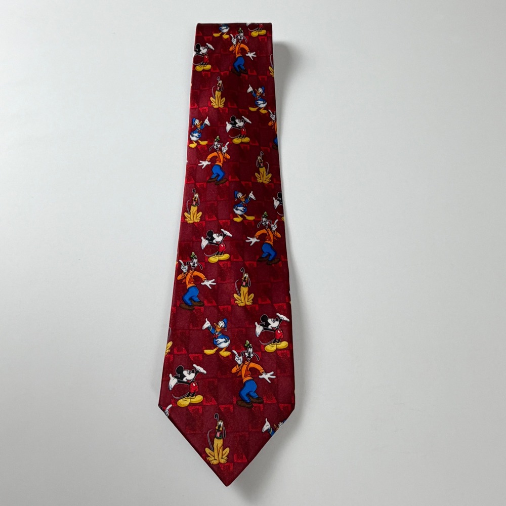 Mickey Unlimited Maroon Disney Character Mickey Donald Goofy Vintage Silk Tie
